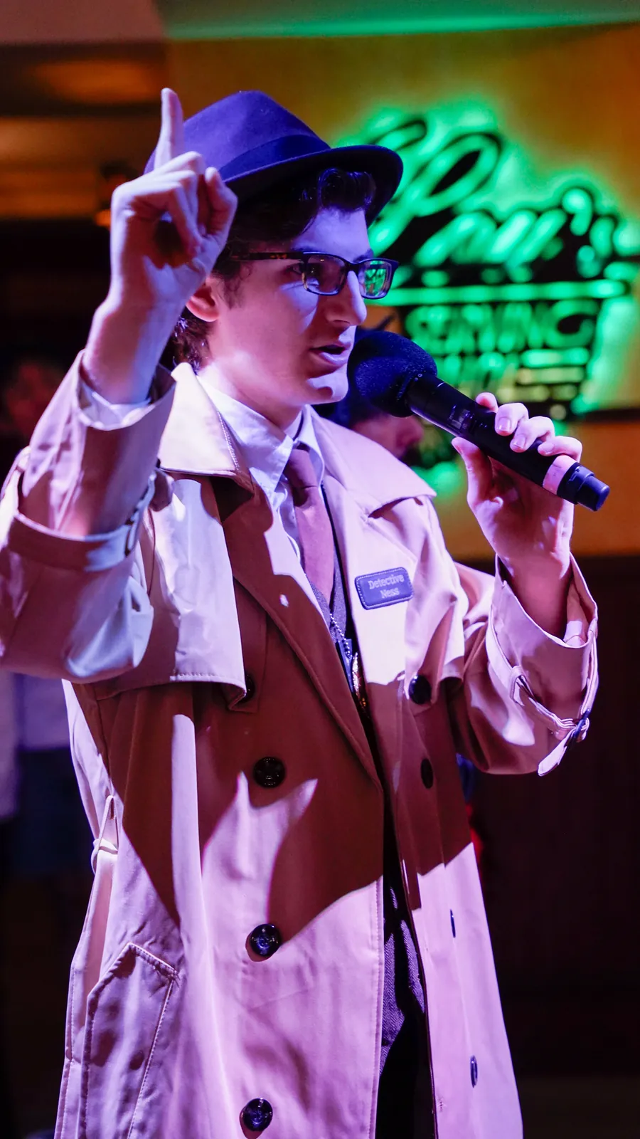 A Murder Mystery Company actor working the room at a Oklahoma City show